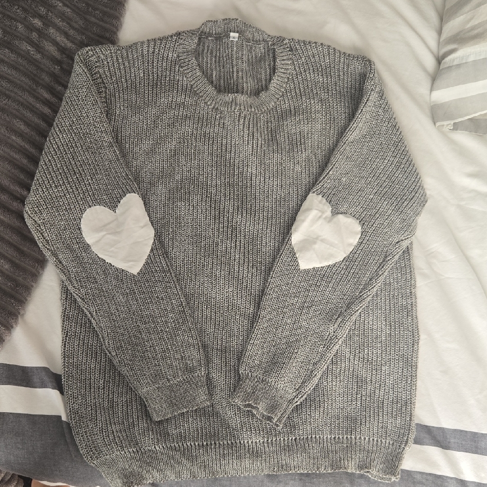Amazon Gray Crew Neck Sweater with White Heart Patches